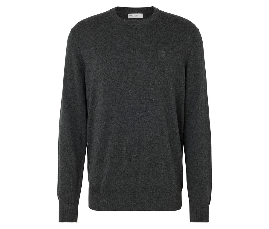 Sötétszürke kötött pulóver hosszú ujjakkal és kerek nyakkivágással.