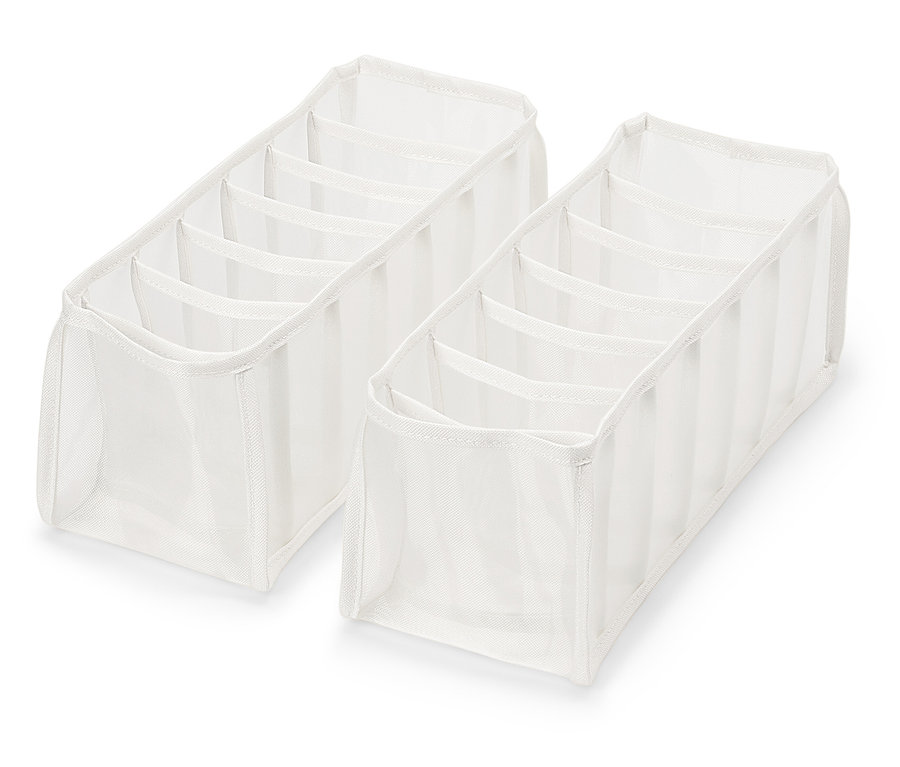 Két fehér fiókos tároló hat rekesszel, fehér háttérrel.