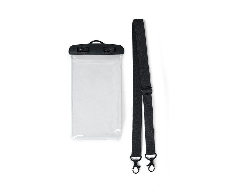 Egy átlátszó, vízálló okostelefon tok fekete zárral és pánttal.