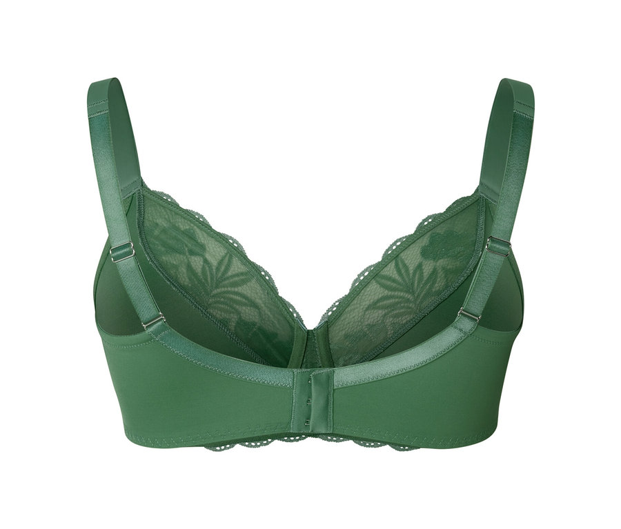 Egy zöld, női kicsinyítő melltartó részletgazdag képe.
