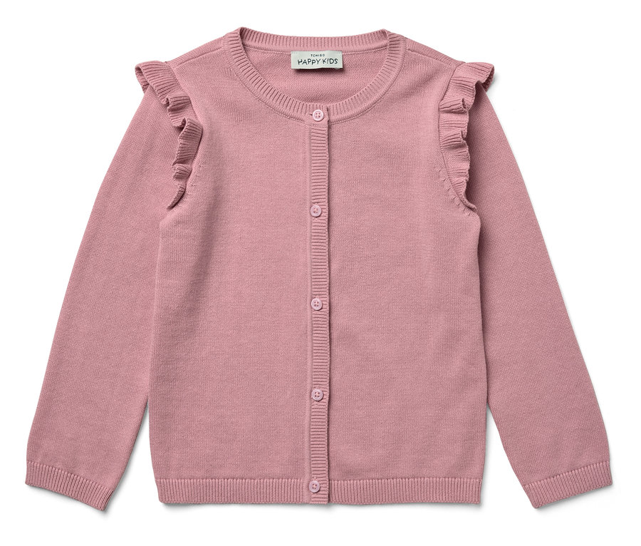 Rózsaszín kötött kardigán gombokkal és fodrokkal a vállakon.