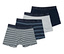 Négy férfi boxeralsó egymáson. Egy sötétkék, egy szürke és kettő csíkos.
