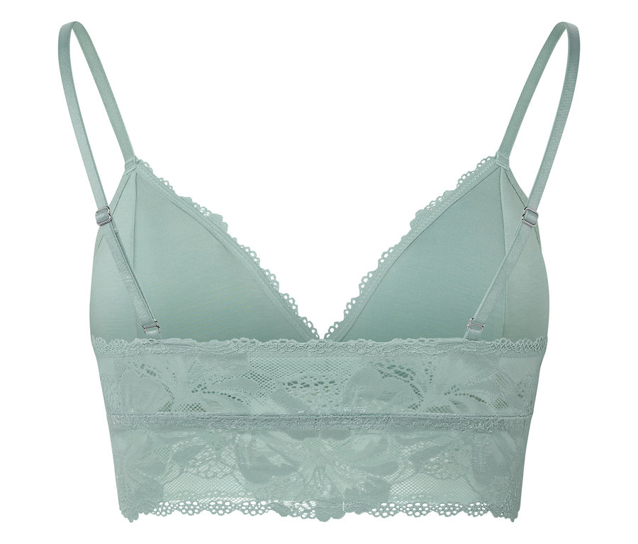 Hátulnézet egy világoszöld csipkés bralette-ről vékony pántokkal.