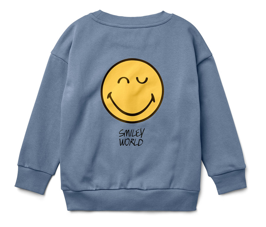 Kék pulóver sárga mosolygó arccal és SMILEY WORLD felirattal.