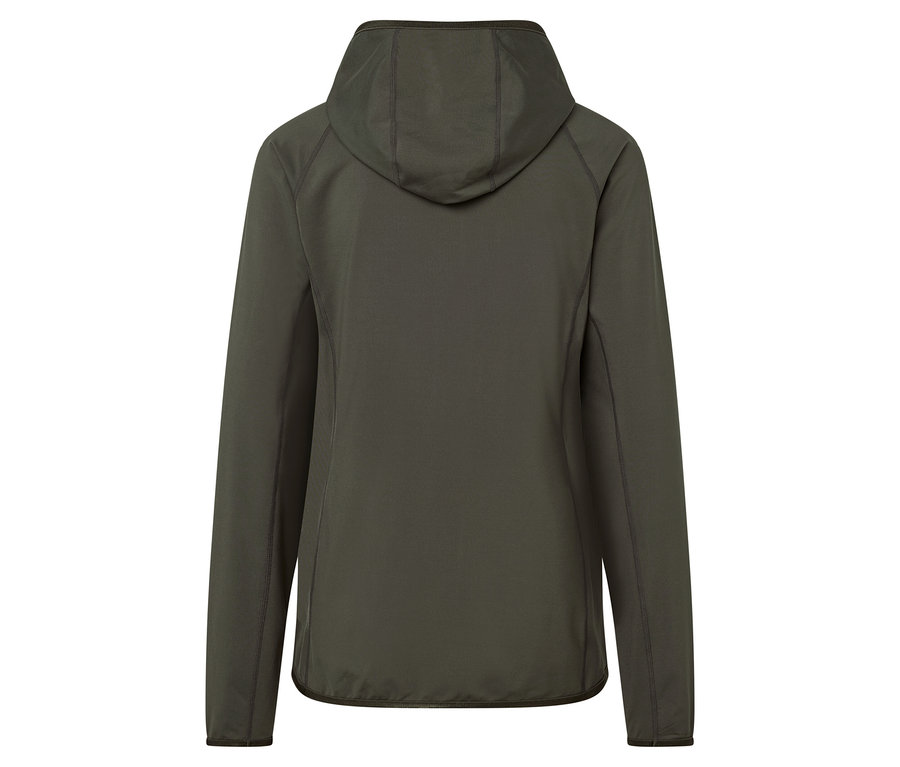 Hátulnézet egy olívazöld kapucnis pulóverről.