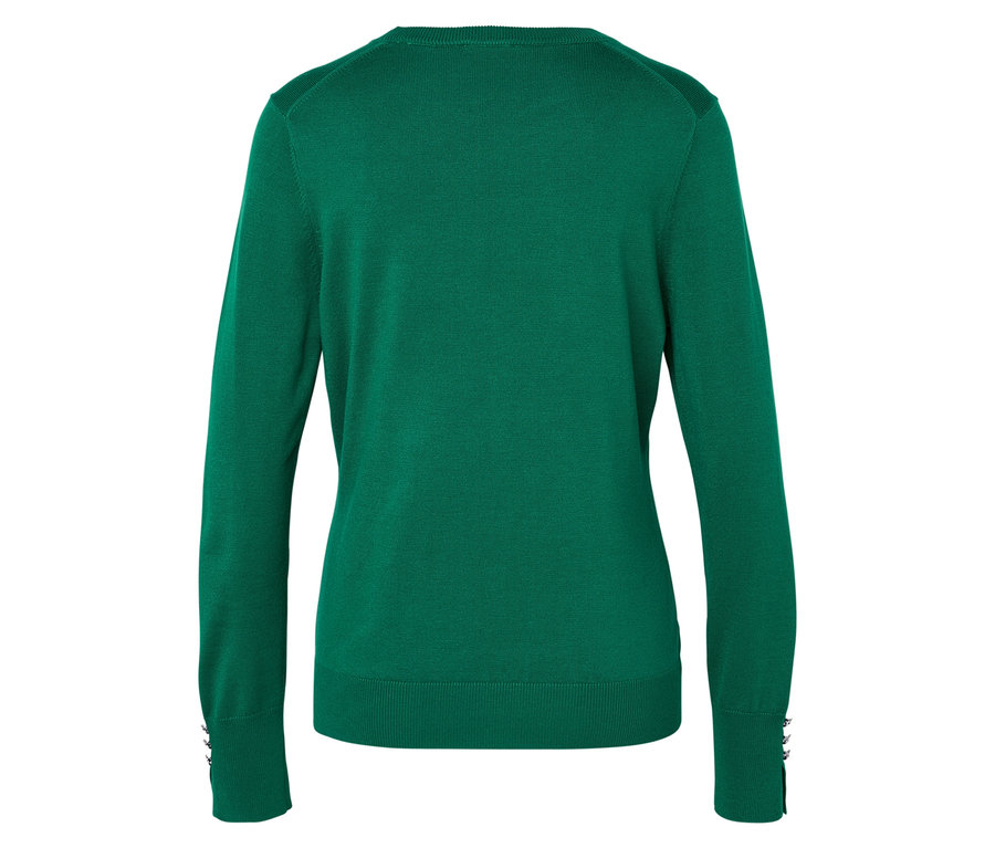 Egy zöld, hosszú ujjú pulóver hátulnézete.