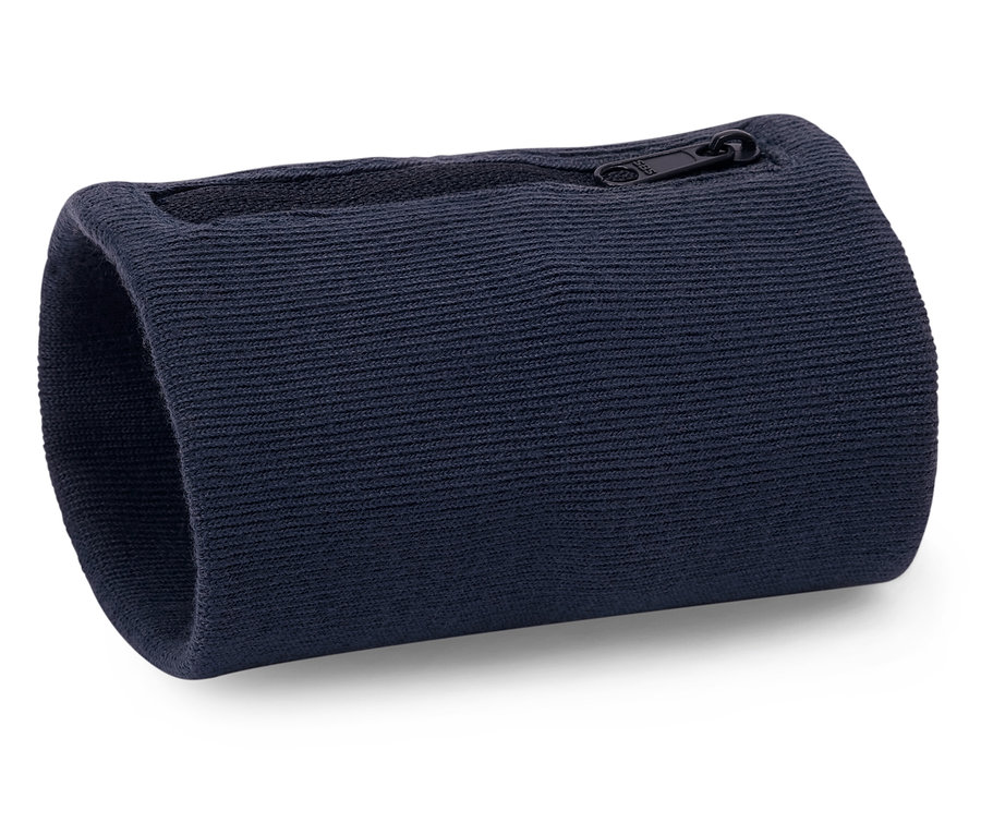 Egy tengerészkék cipzáras csuklópánt fekszik egy fehér felületen.