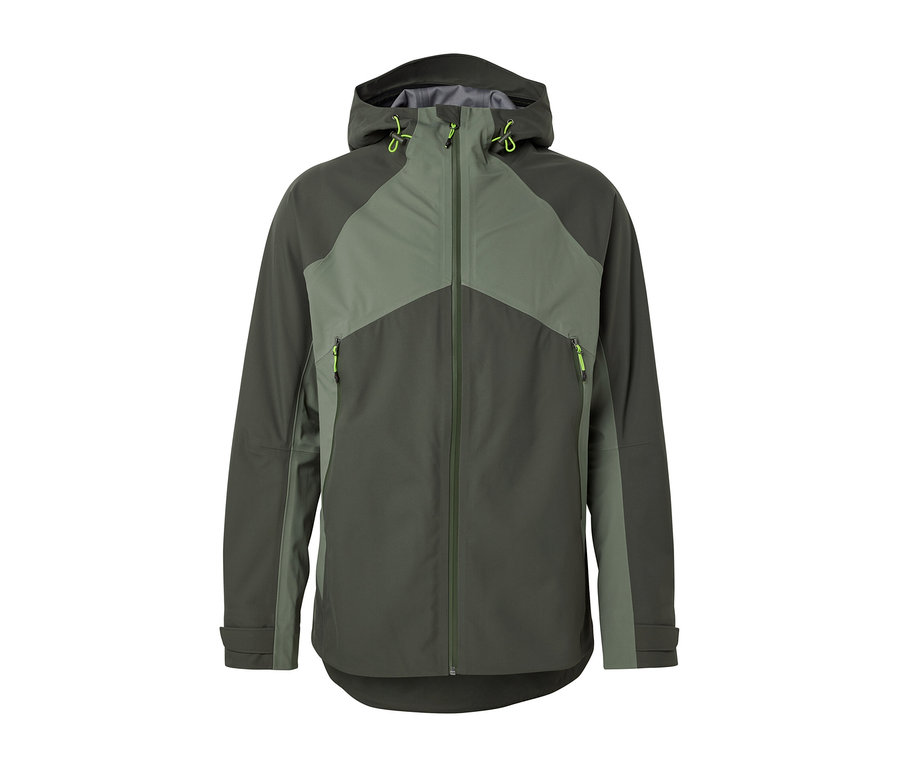 Zöld, háromrétegű outdoor dzseki cipzárral és kapucnival.
