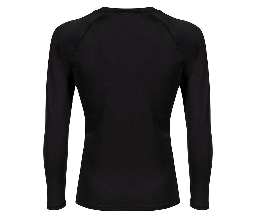 Fekete, hosszú ujjú sportfelső hátulról.