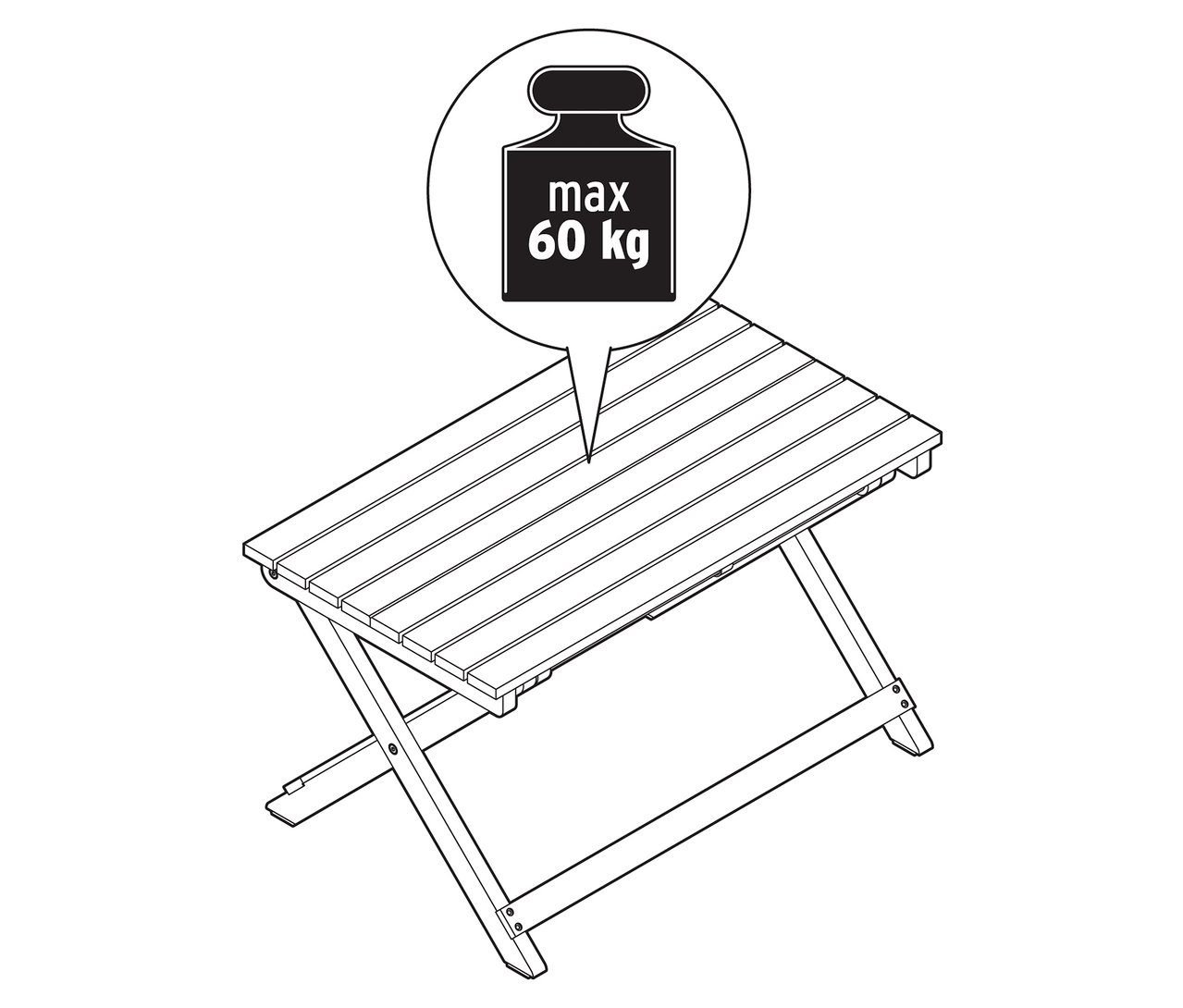 Összecsukható asztal illusztrációja, maximum 60 kg súlykorlátozással.