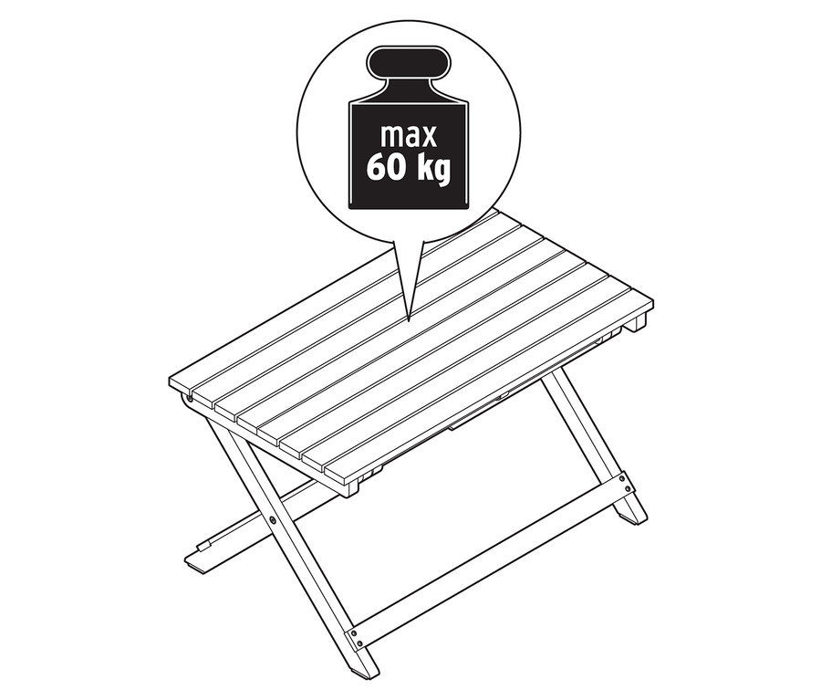Összecsukható asztal illusztrációja, maximum 60 kg súlykorlátozással.