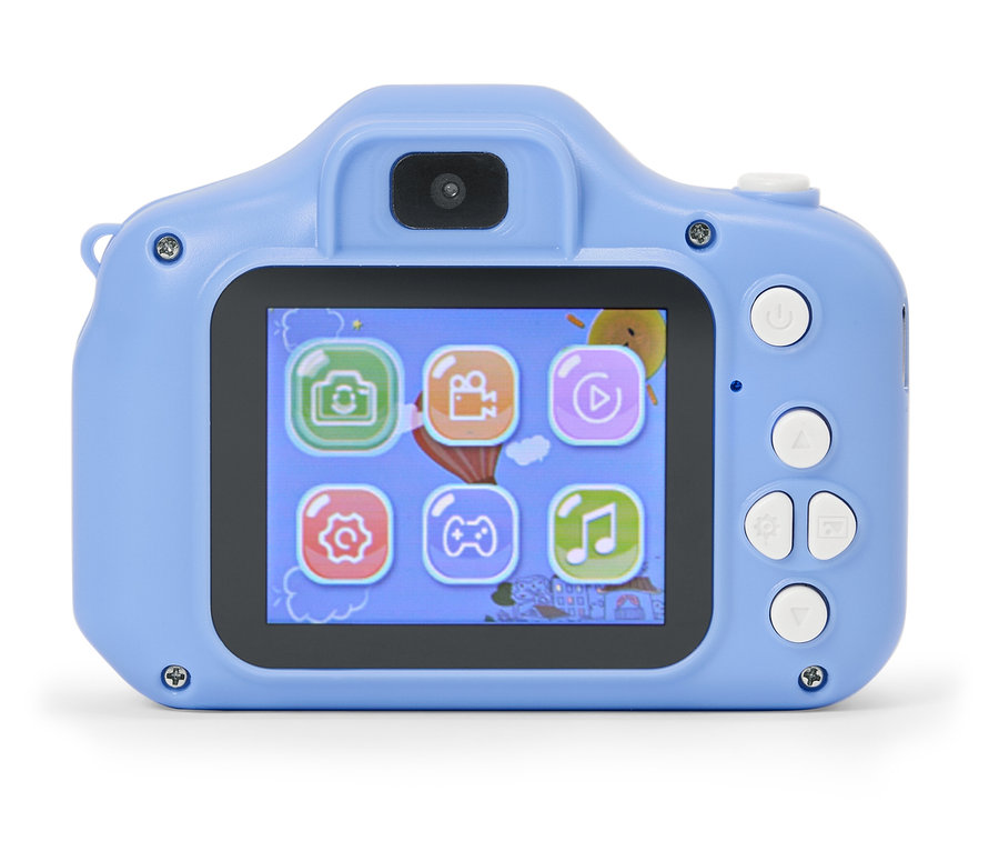 Egy világoskék játék fényképezőgép közeli képe, melynek képernyőjén különböző alkalmazás ikonok láthatók.