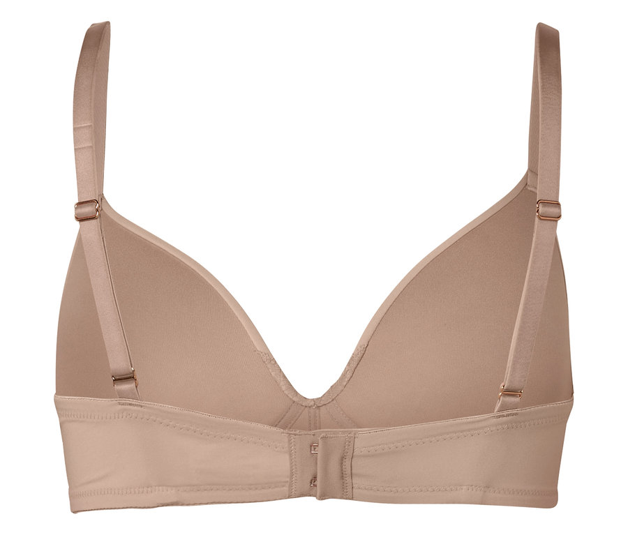 Hátsó nézet egy testszínű melltartóról, állítható pántokkal és kapcsos zárással.