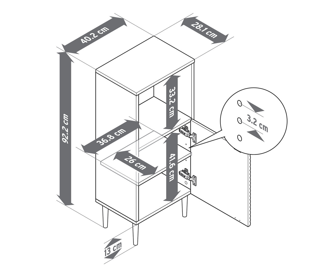 Egy »SONARI« fürdőszobai szekrény méretarányos rajza látható ajtóval, különböző méretekkel.
