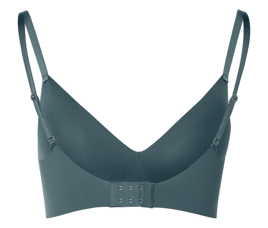 Zöld melltartó hátulnézete állítható pántokkal és kapcsos zárással.