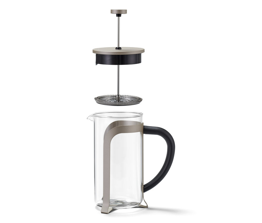 Részben szétszerelt dugattyús kávéfőző 800 ml, 6 csésze, pezsgőszínben.