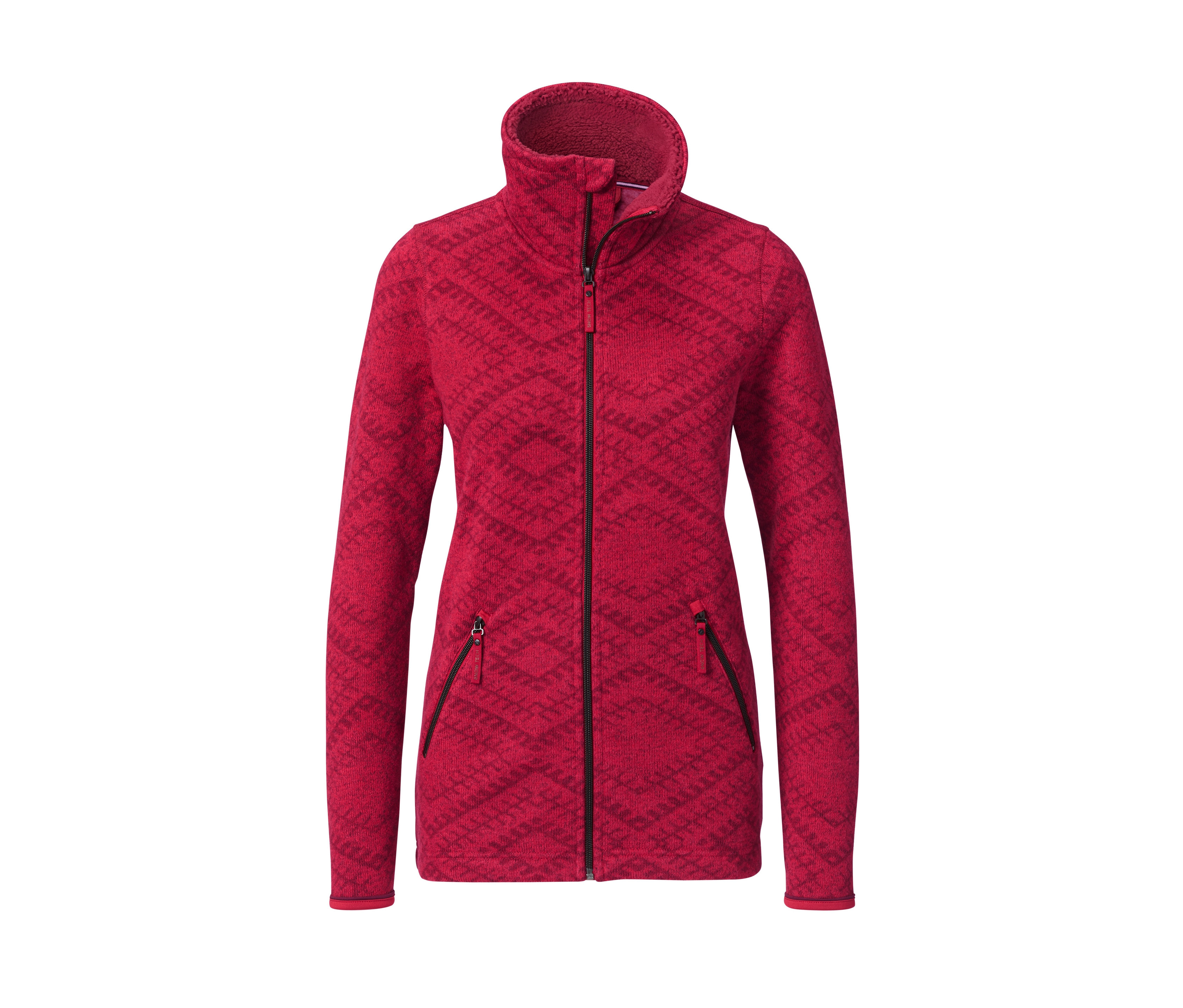 Piros kötött polárfelső, végig cipzáros, két zsebbel.