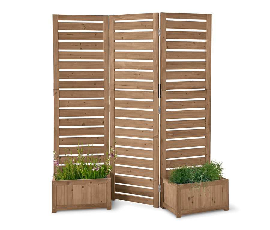 Egy háromrészes »Tinus« paraván virágládákkal, melyek közül kettő be van ültetve.