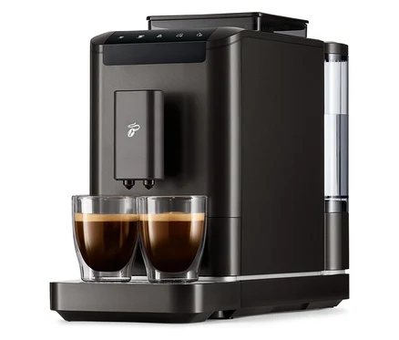Fekete »Esperto2 Caffè« kávéfőző és két csésze kávé.