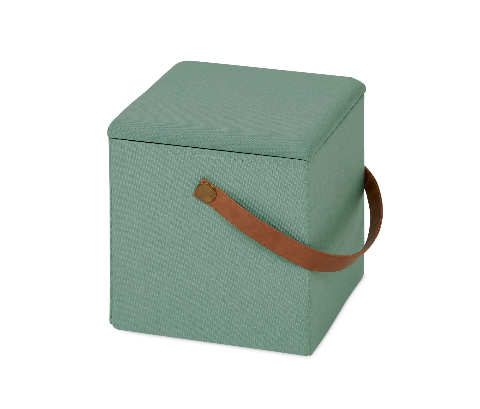 Zöld tárolódoboz barna fogantyúval.