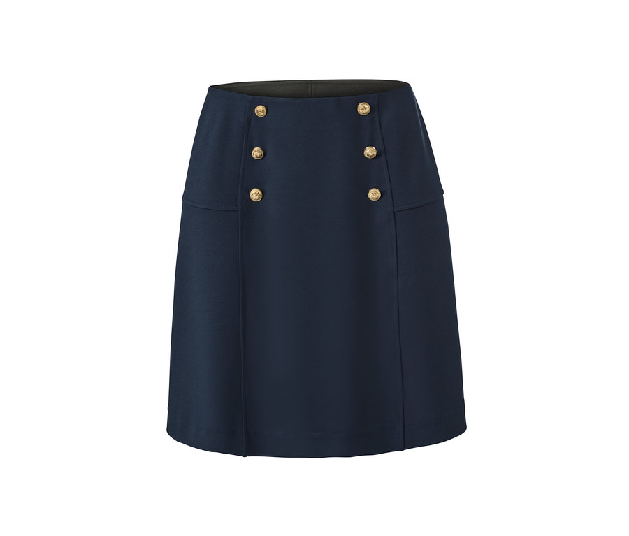 Sötétkék dzsörzészoknya díszes aranygombokkal.