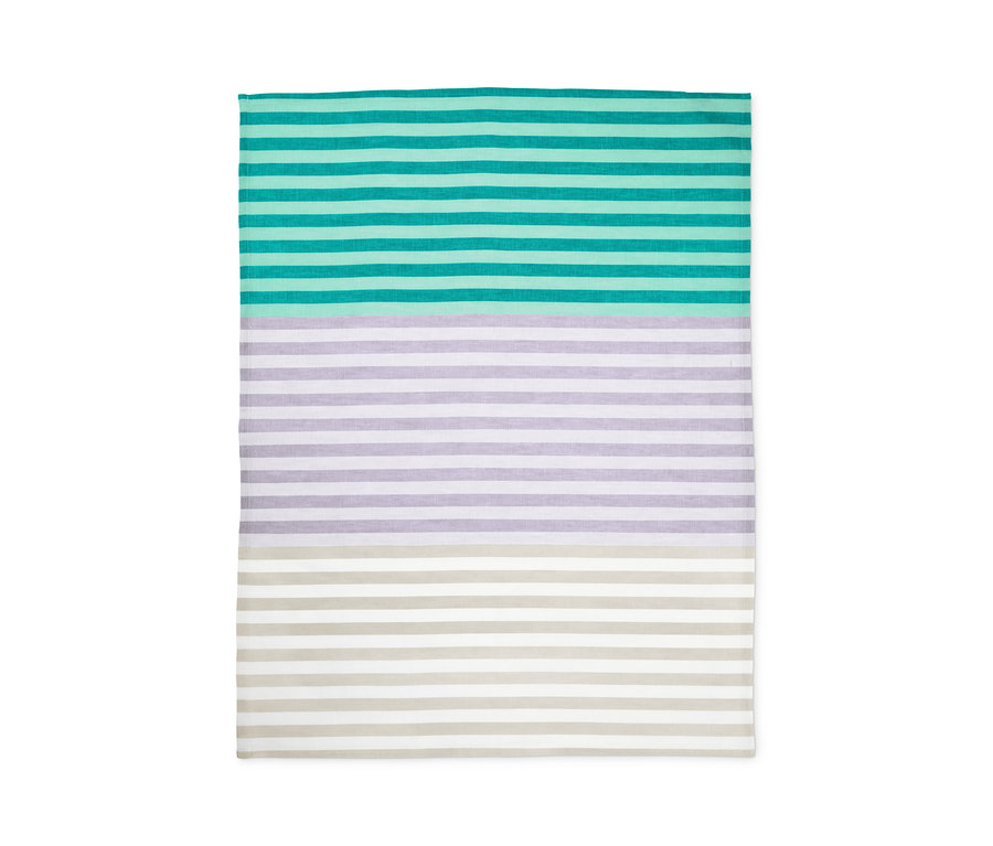Három csíkos konyharuha fekszik türkiz, lila és bézs színben.