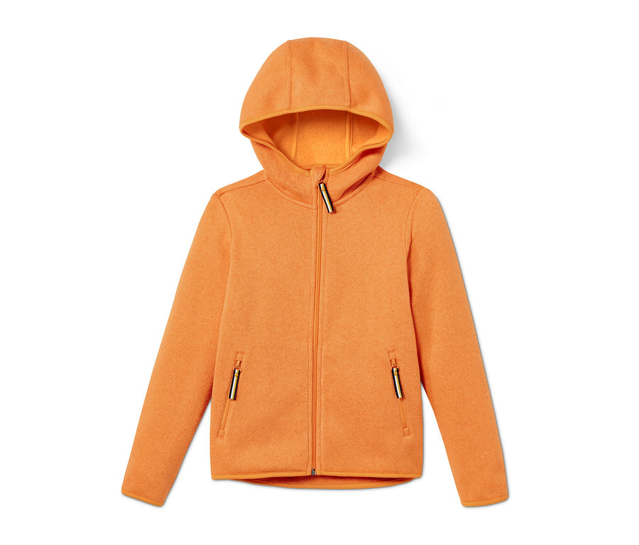 Sárga, melírozott kötött polár felső kapucnival és cipzárral.