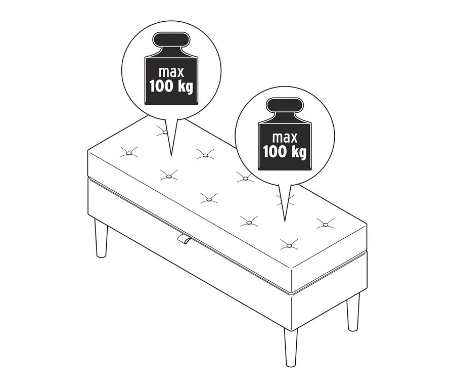 Egy kárpitozott ülőpad illusztrációja tárolóval, melynek maximális terhelhetősége 100 kg.