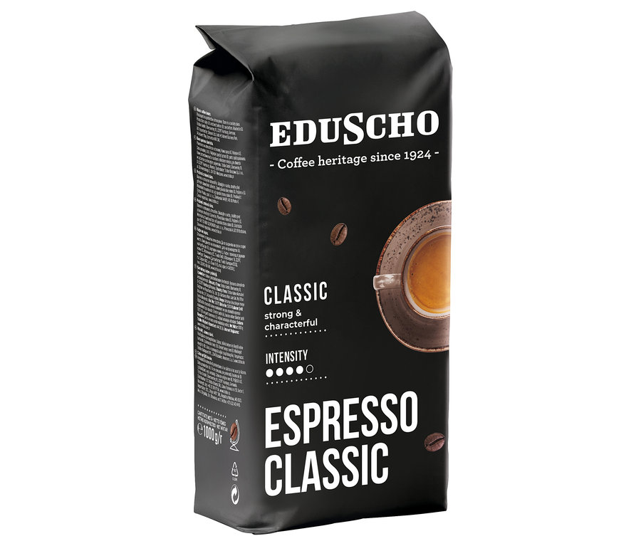 Fekete csomagolású Eduscho Espresso Classic - 1 kg szemes, pörkölt kávé.