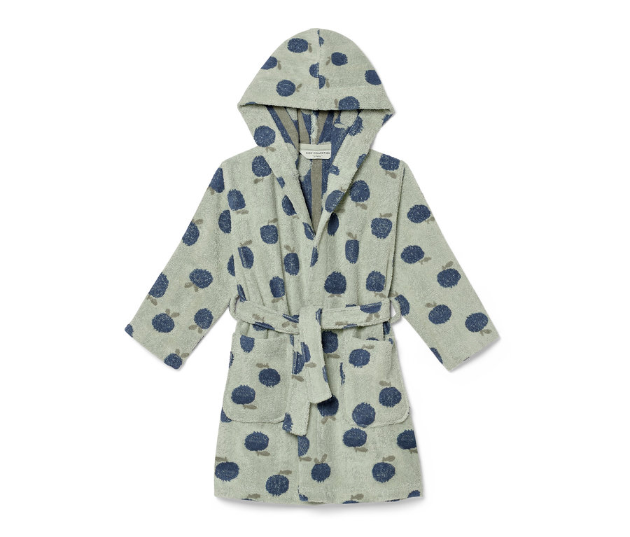 Gyerek fürdőköpeny kapucnival, áfonyás mintával.