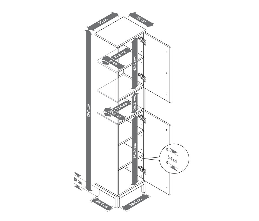 Egy fehér, kétszárnyú fürdőszobai szekrény rajza, nyitott ajtókkal és méretekkel.