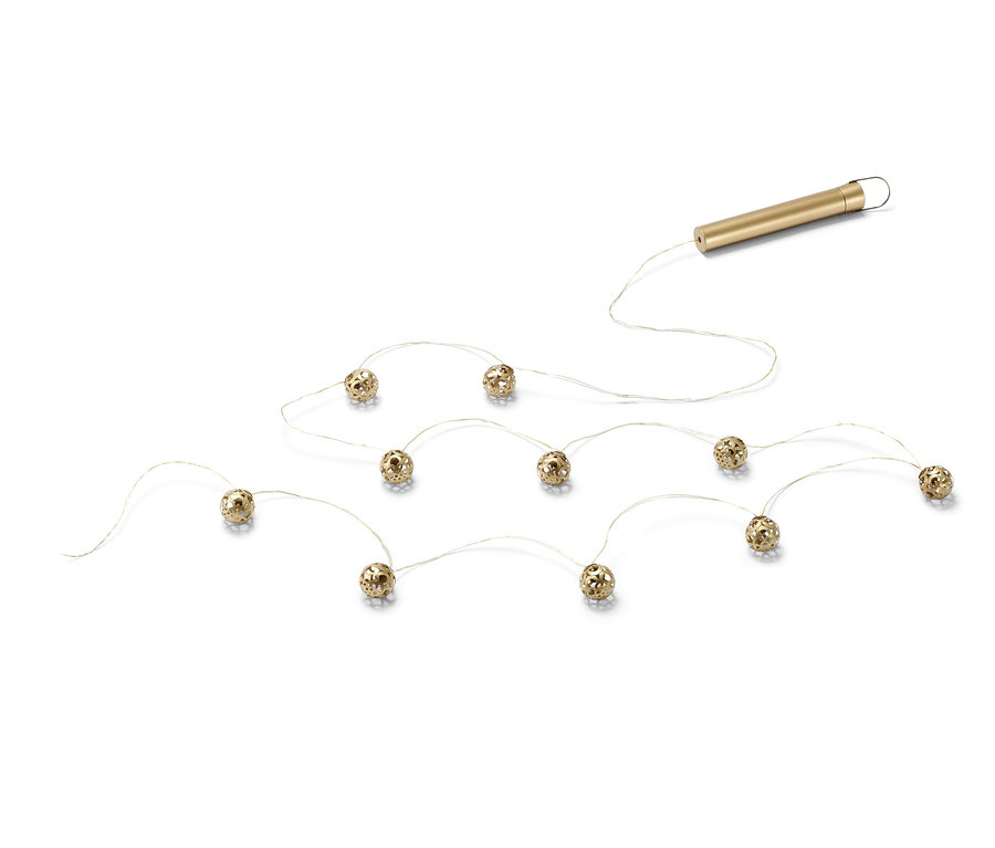 Aranyszínű LED-es égősor tíz dekoratív gömbbel.