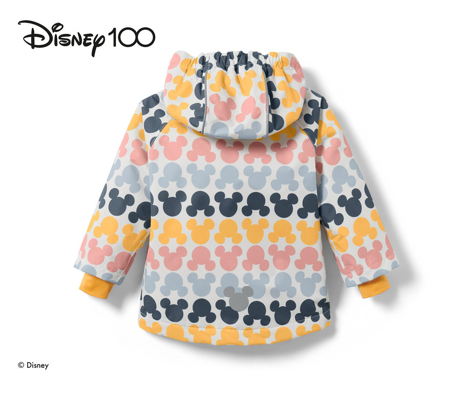 Hátulnézet a színes »Micky« kisgyerek termo esőkabátról, kapucnival és Mickey egér mintával.