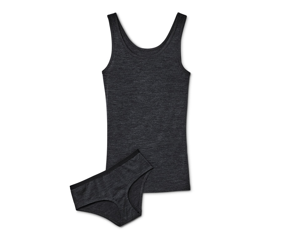 Sötétszürke RWS minősített gyapjú alsónemű, egy trikó és egy alsó, fehér háttéren.