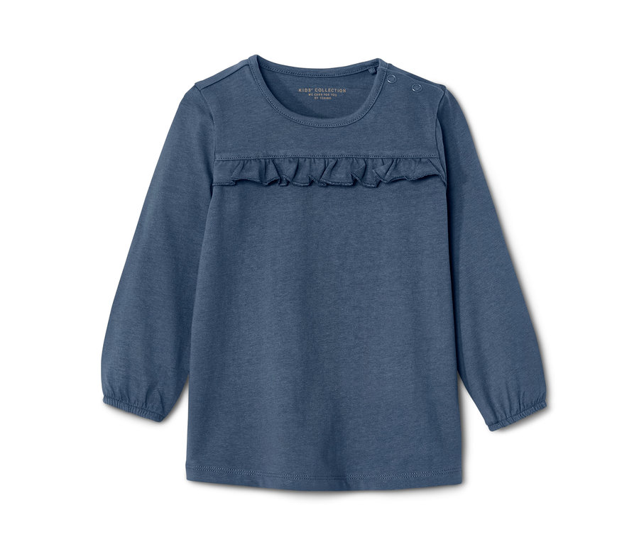 Kék, hosszú ujjú kislány felső, fodros.