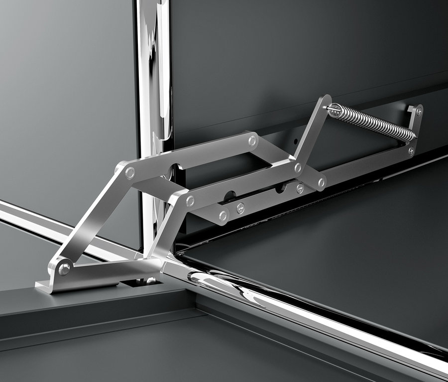 Egy szürke CN3 fém szekrény részlete lenyíló rekesszel és mechanizmussal.