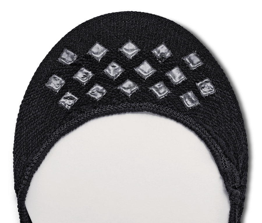 Közeli kép egy fekete 2 pár titokzokniról, melynek alján csúszásgátló elemek találhatók.