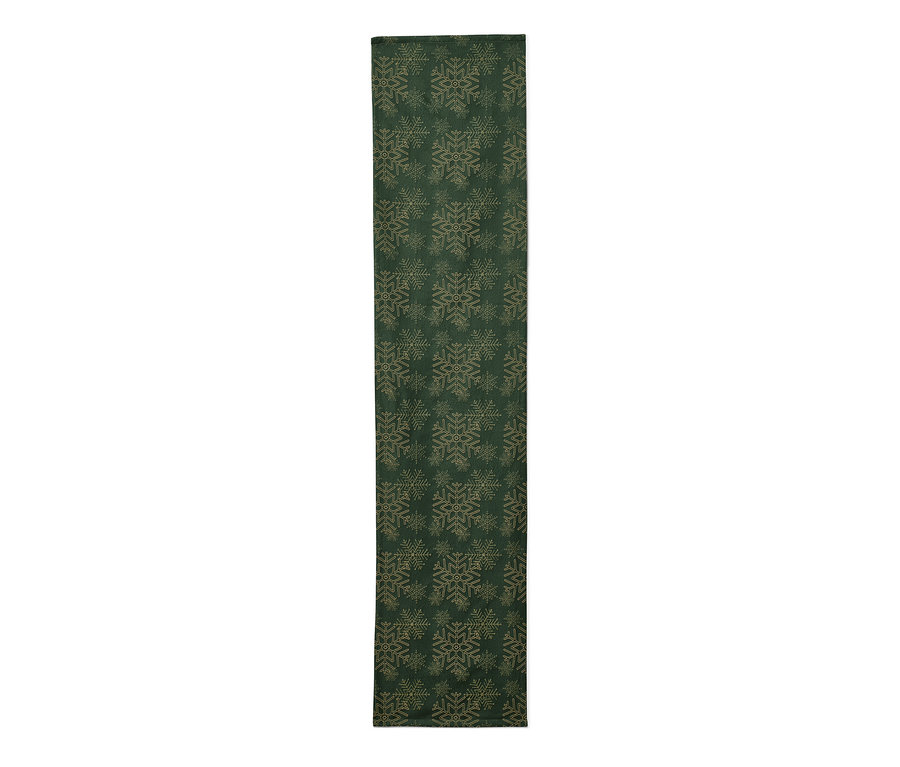 Zöld, hópelyhes mintázatú jacquard asztali futó.