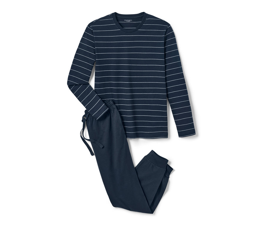 Csíkos, hosszú ujjú pizsama nadrággal.