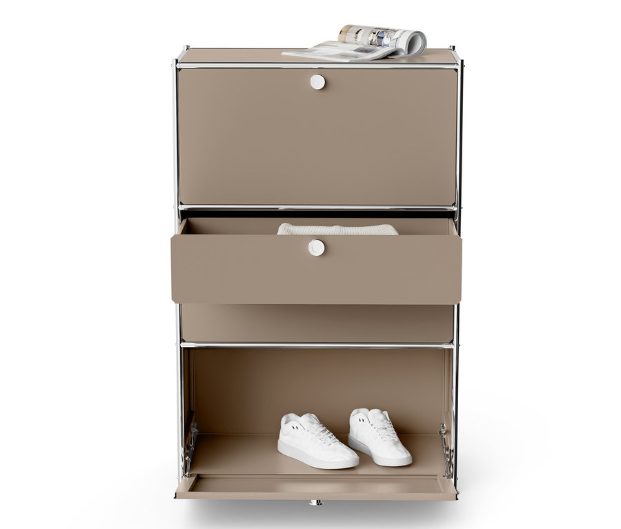 Szürkésbarna »CN3« fém komód 2 lenyíló ajtóval, 2 fiókkal, újsággal a tetején és cipőkkel belül.