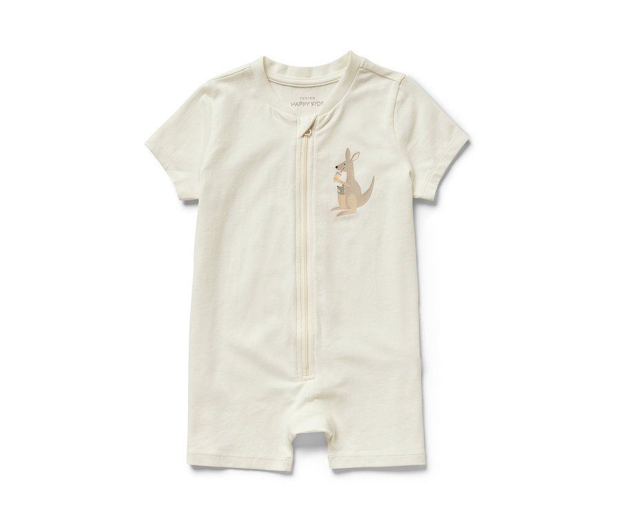 Krémszínű rövid hálóruha kisgyerekeknek, kenguru mintával.