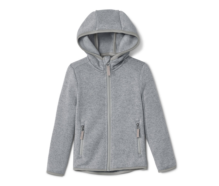 Szürke gyerek kötött polárfelső kapucnival és cipzárral.