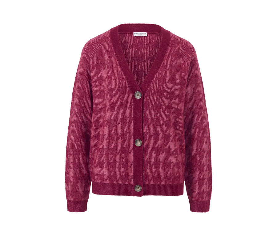 Bordó, tyúklábmintás, kötött női kardigán, gombokkal.