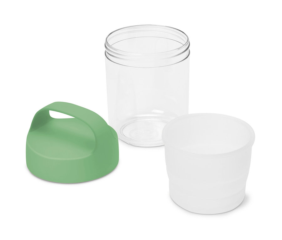 Egy szétszerelt To-Go ételhordó doboz, kicsi, tetővel, átlátszó tartállyal és fehér betéttel.