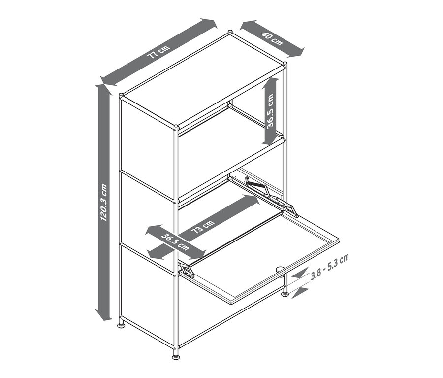 Fémpolc rajza, 2 ajtóval, méretekkel.