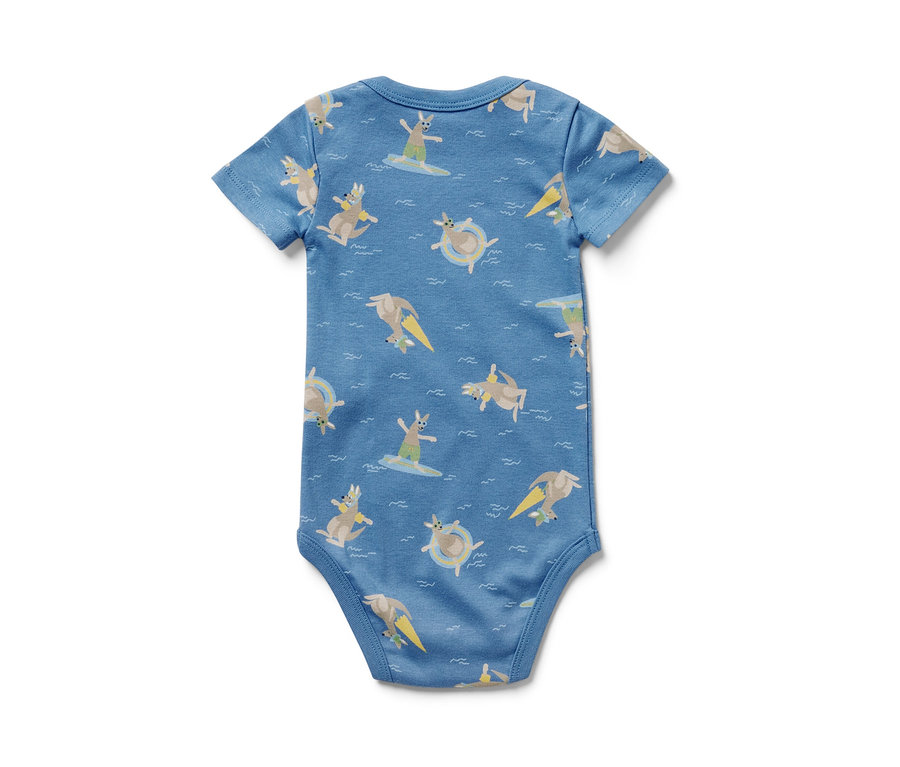 Kék, rövid ujjú baba body kenguru mintával, 5 darab.