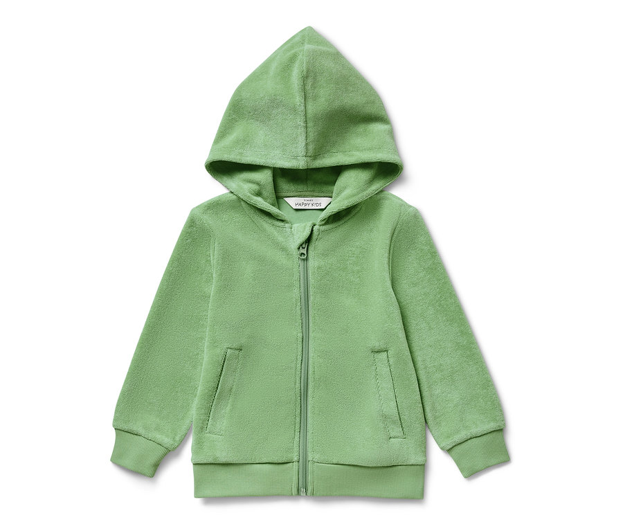 Zöld, cipzáras, kapucnis frottír szabadidőfelső gyerekeknek.
