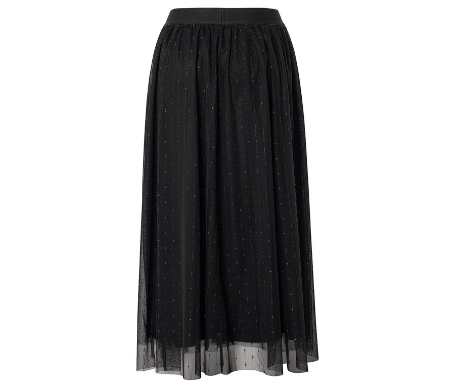 Fekete, hosszú szoknya, rugalmas derékpánttal és finom pöttyös mintával.