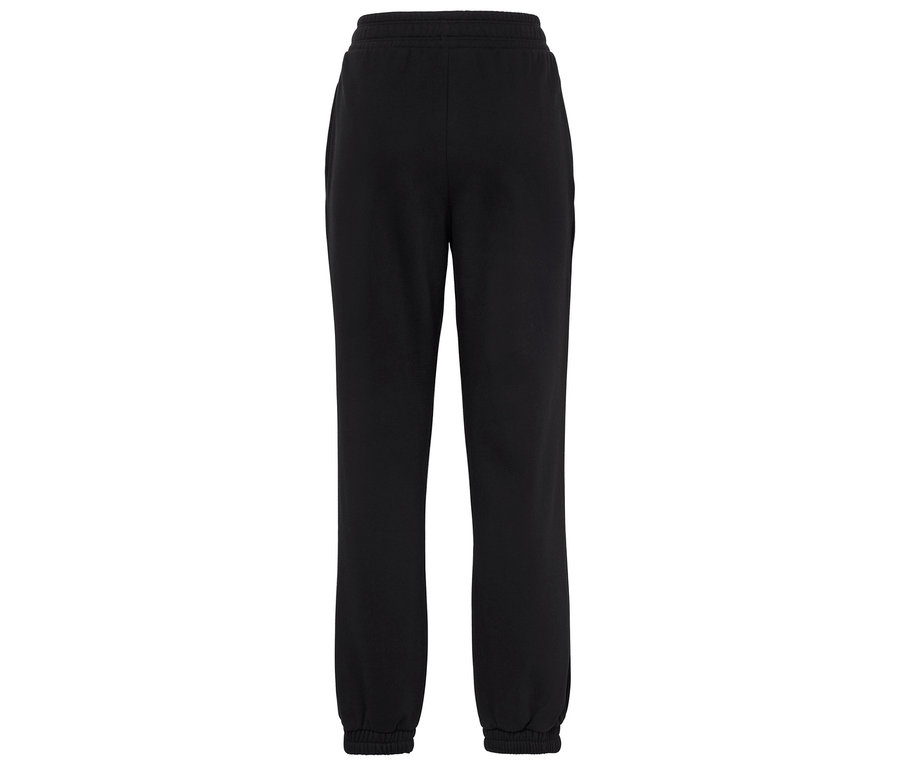 Fekete színű, húzózsinóros derekú és gumírozott szárú szabadidőnadrág.