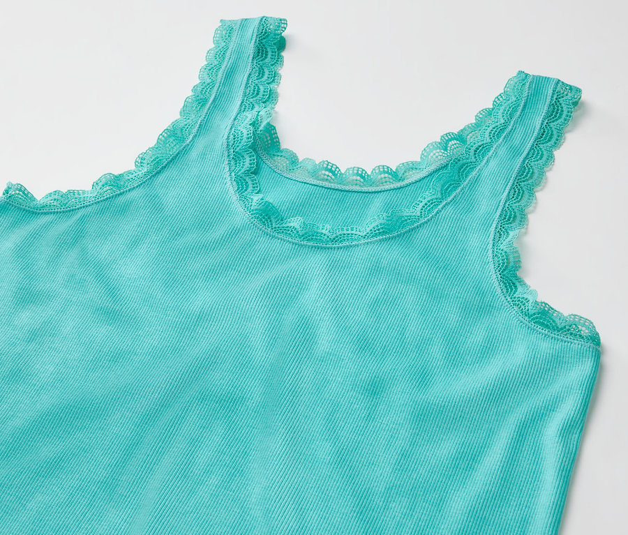 Türkizkék trikó bordázott pizsama szettből, csipke szegéllyel.